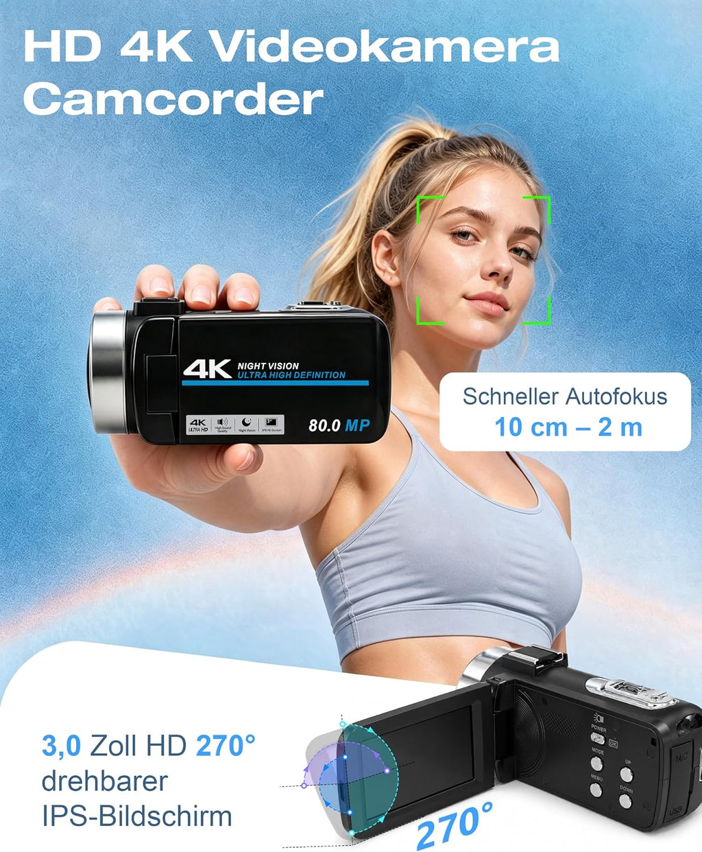 Videokamera 4K 80MP Camcorder IR Nachtsicht 18X Digitalzoom Vlogging Camera