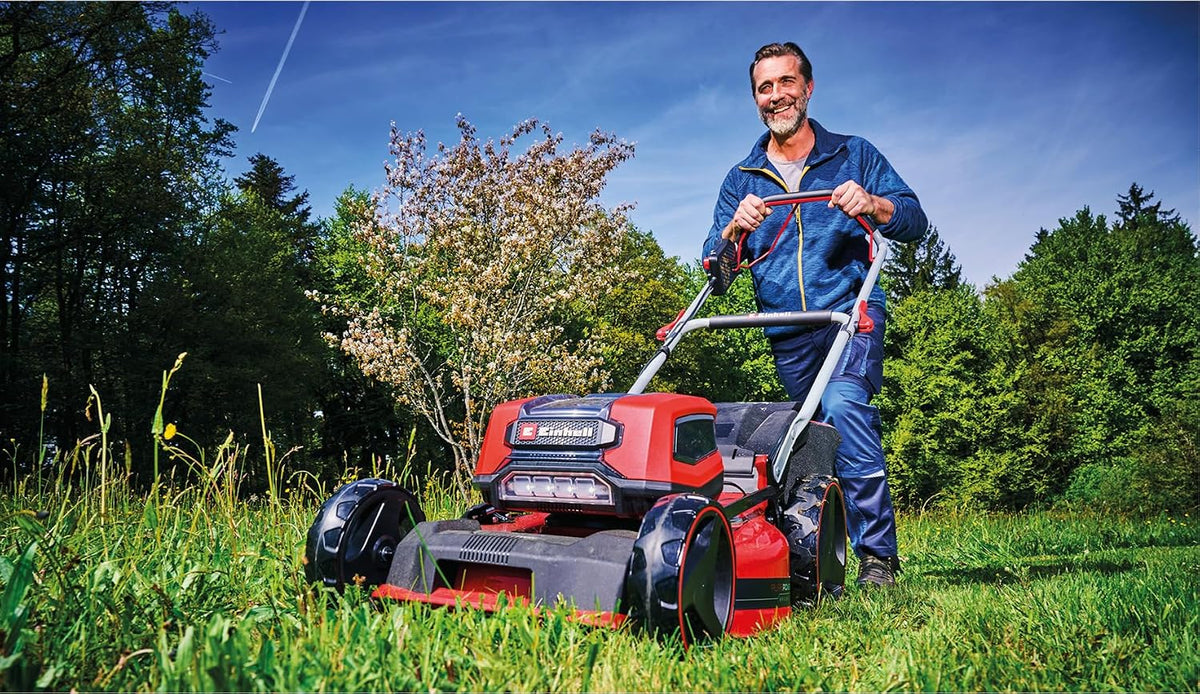 Einhell Professional Cordless Lawnmower GP-CM 36/47S Li BL (4x4.0Ah) Power X-Change (36V, Brushless Motor, Cut to 47cm, Tray 65L) Comes with 4 x 4.0Ah Batteries and 2 Dual Chargers