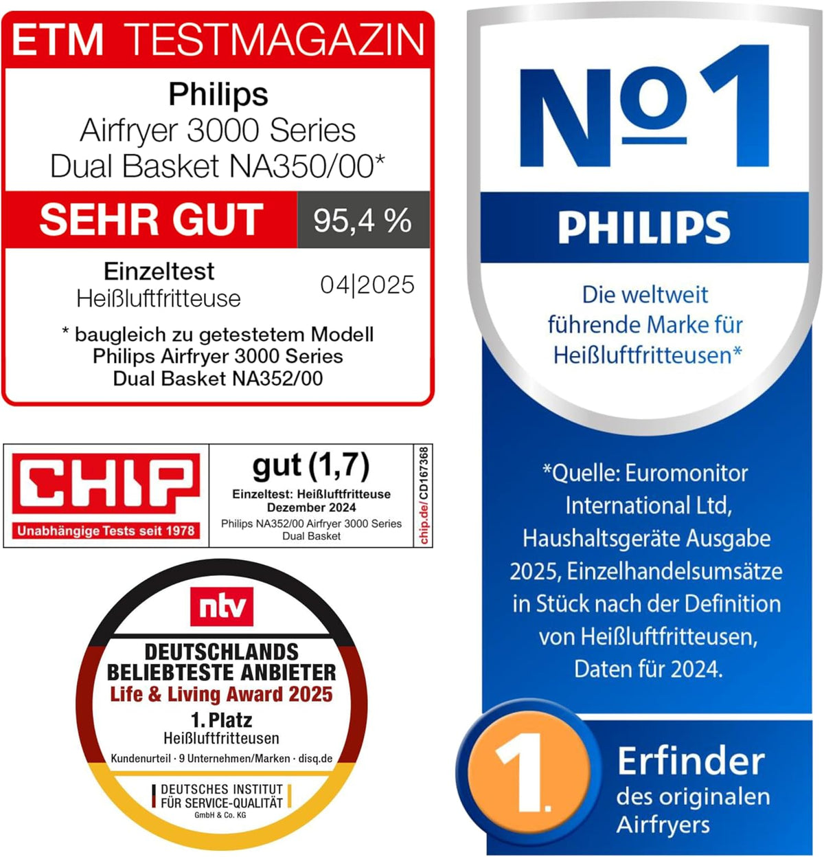 Philips Dual Basket 3000 NA350/00 Heißluftfritteuse 9L, 2 Körbe, 12 Funktionen, 2750W, Schwarz