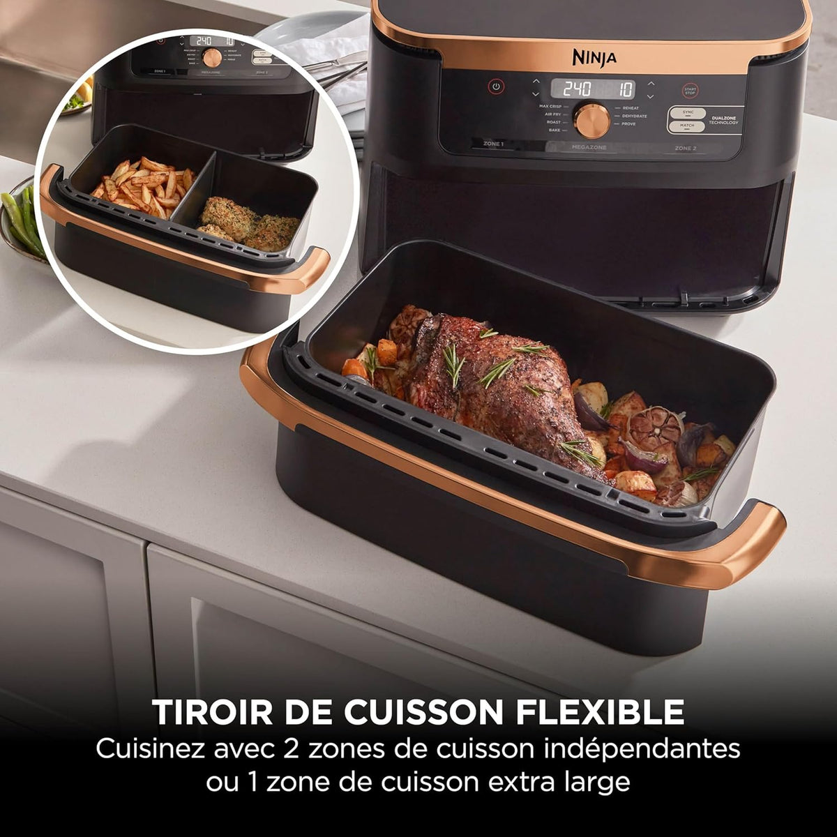 NINJA Foodi FlexDrawer Air Fryer, Dual Zone with Removable Divider, Large 10.4L Drawer, 7-in-1, Double Zone, Dishwasher Safe Non-Stick, Black & Copper, AF500EUCP