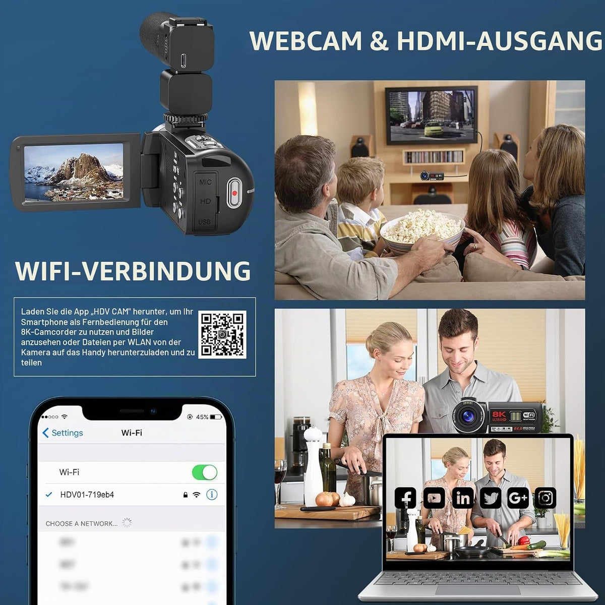 Video Camera 8K 64MP Camcorder 18X Digital Zoom IR Night Vision Vlogging