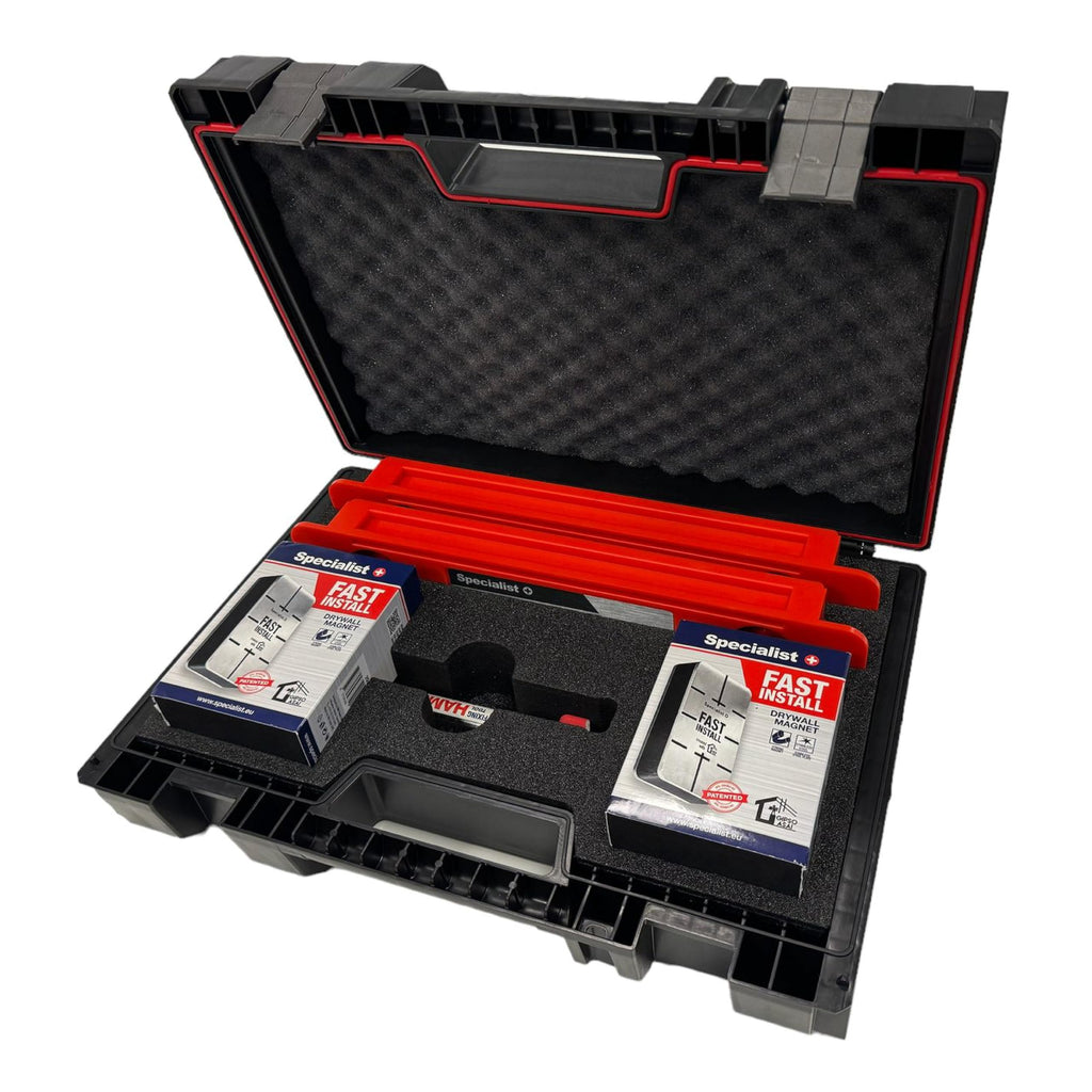 Specialist+ Trockenbau-Werkzeugset | x2 SPACER (50 cm), x2 FAST INSTALL-Gipsmagnete, x1 HAMMER-Steckertreiber, SDS+ & QUATTRO Bohrer | Schnelle Montage | Für Knauf D-112 geeignet