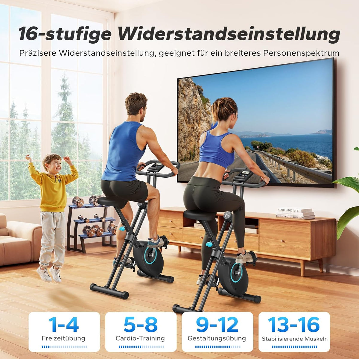 MERACH Foldable Exercise Bike, Quiet Home Trainer Bicycle with 16 Levels Magnetic Resistance, LCD Display, Comfortable Saddle, Fitness Bike for Home, Space-Saving Design for Effective Training