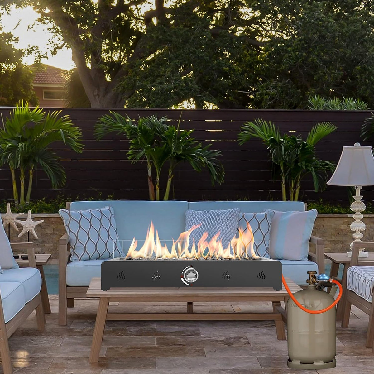 Onlyfire 72 cm Table Gas Fire Pit, 6.5 kW Propane Gas Table Fire with Rear Air Inlet, Glass Wind Protection and Lava Stone, Smokeless Table Fire Pit for Outdoor Garden Patio, Rectangular