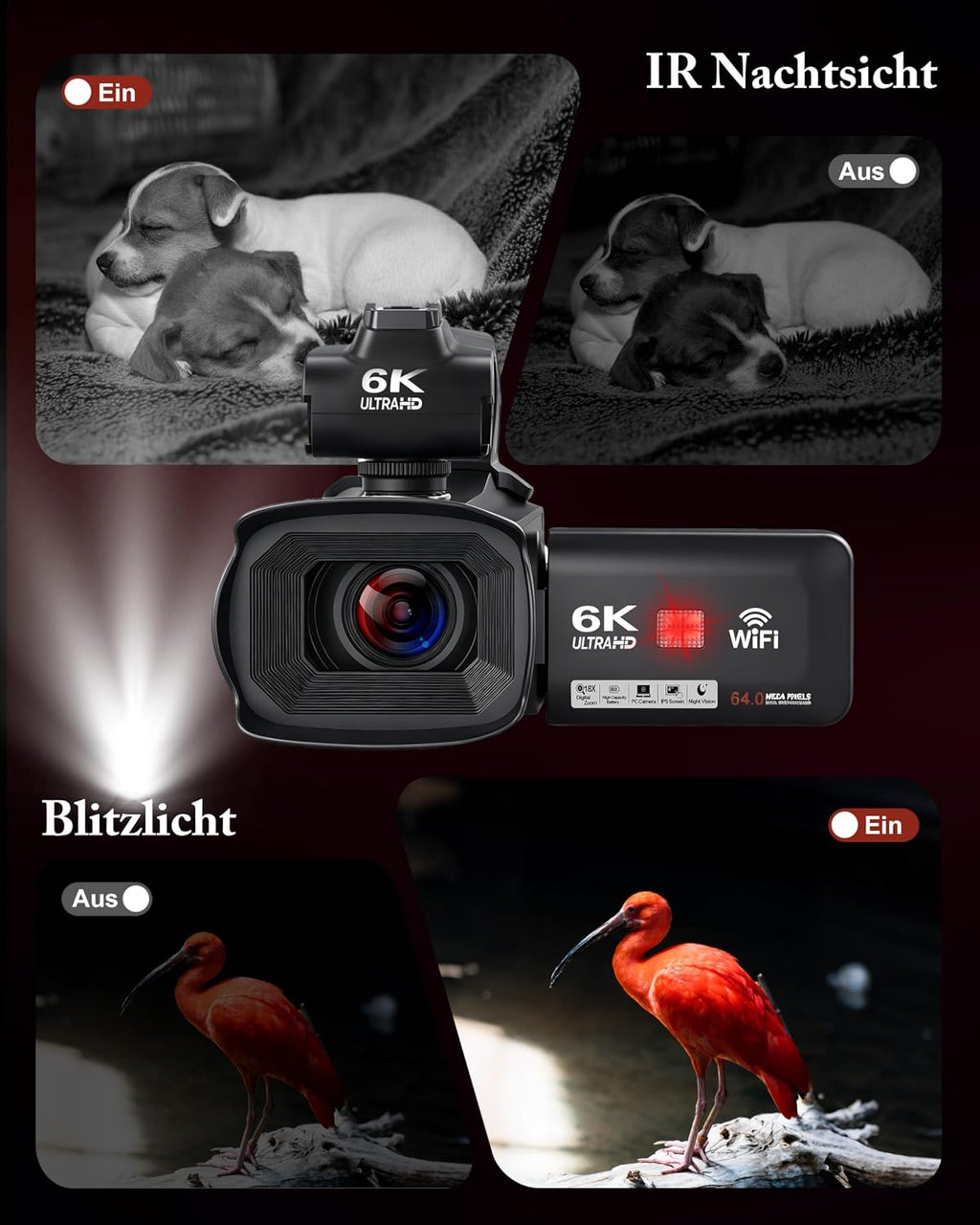 Videokamera Camcorder 6K 64MP WiFi mit IR Nachtsicht Webcam Vlogging Camera