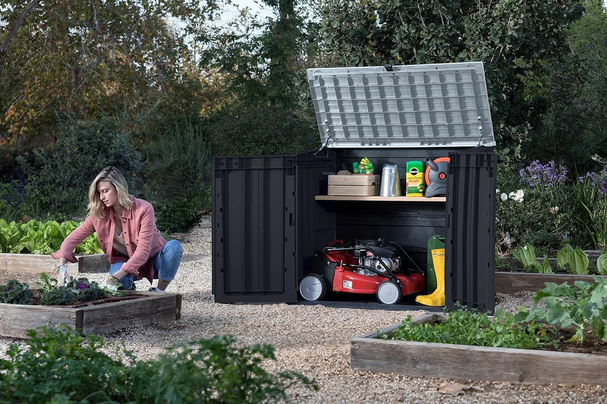 Keter Gartenhaus 249319, 880L, Holzoptik, UV-beständig, abschließbar, Dunkelgrau/Hellgrau