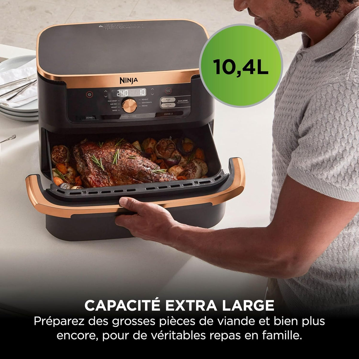 NINJA Foodi FlexDrawer Air Fryer, Dual Zone with Removable Divider, Large 10.4L Drawer, 7-in-1, Double Zone, Dishwasher Safe Non-Stick, Black & Copper, AF500EUCP