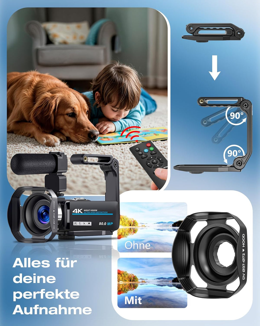 Videokamera 4K 80MP Camcorder IR Nachtsicht 18X Digitalzoom Vlogging Camera