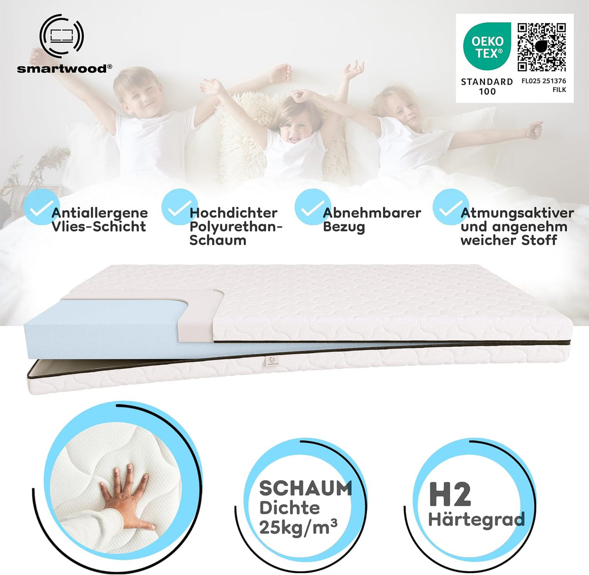 smartwood Matratze 80x150 9 cm, H2, Schaumstoffmatratze, SmartComfort
