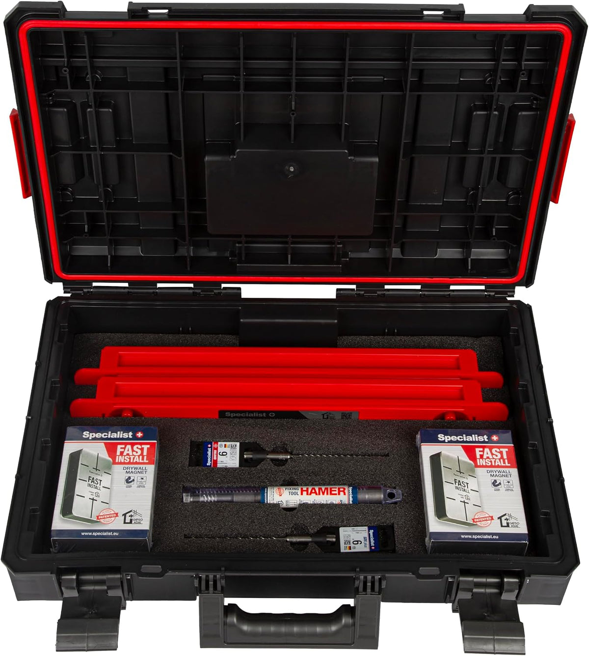 Specialist+ Trockenbau-Werkzeugset | x2 SPACER (50 cm), x2 FAST INSTALL-Gipsmagnete, x1 HAMMER-Steckertreiber, SDS+ & QUATTRO Bohrer | Schnelle Montage | Für Knauf D-112 geeignet