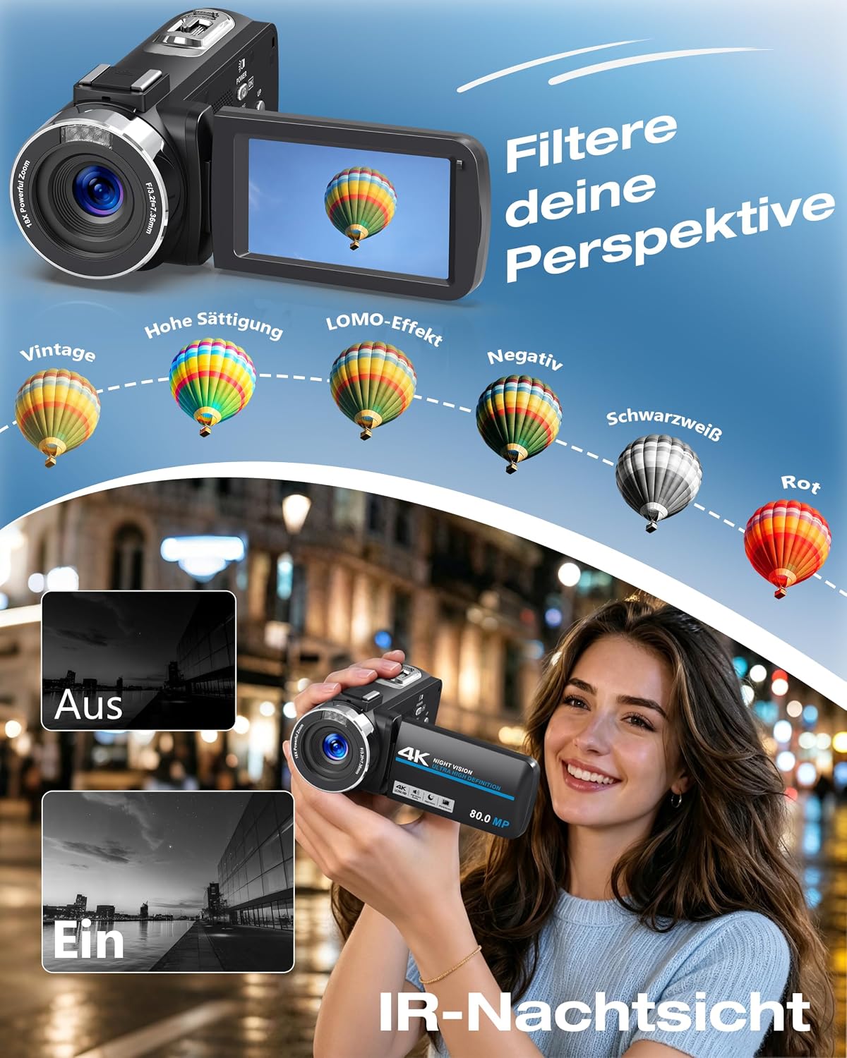 Videokamera 4K 80MP Camcorder IR Nachtsicht 18X Digitalzoom Vlogging Camera
