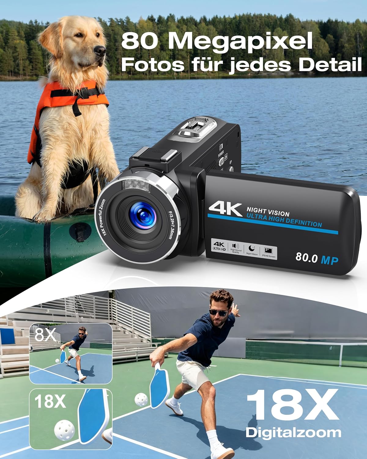 Videokamera 4K 80MP Camcorder IR Nachtsicht 18X Digitalzoom Vlogging Camera