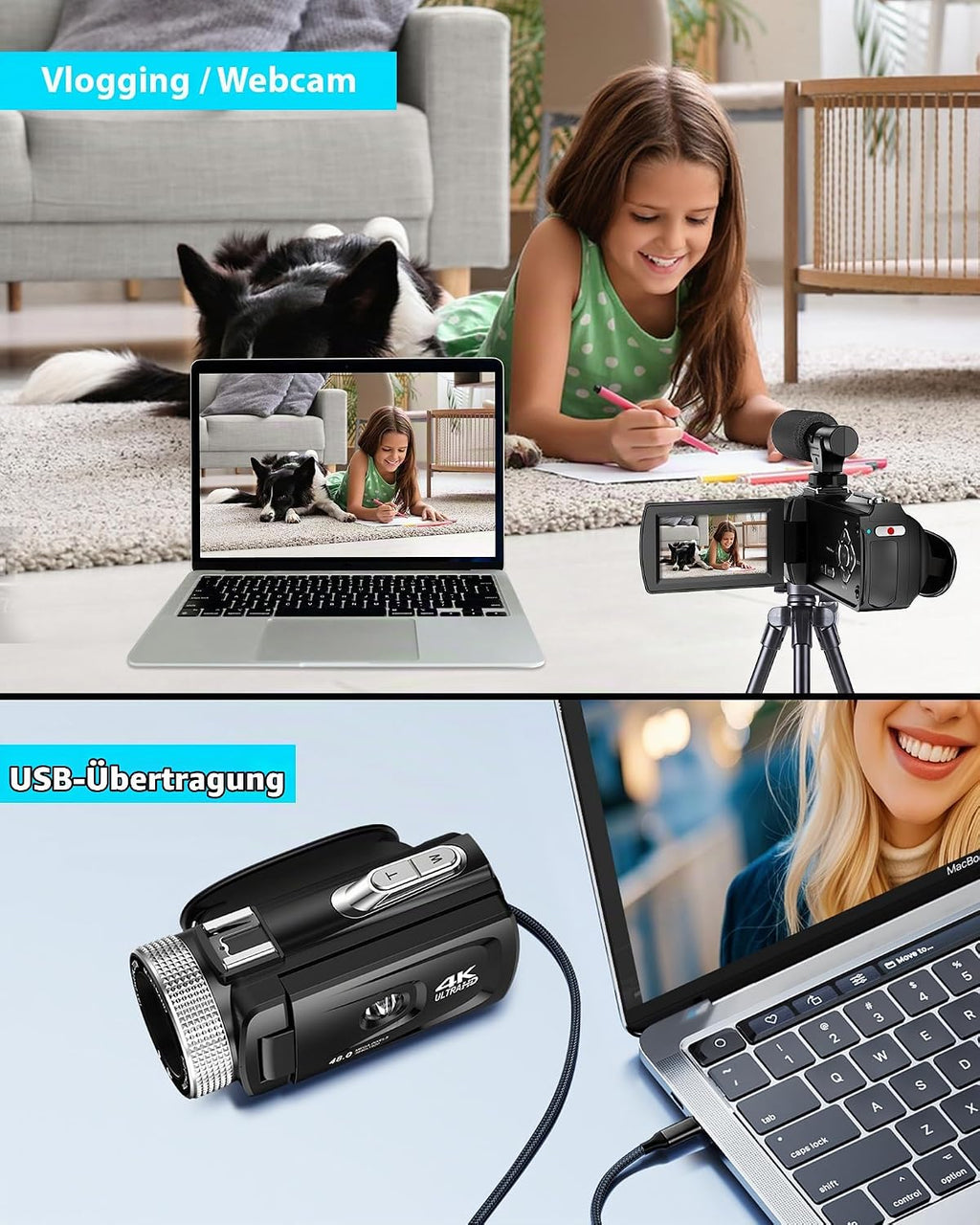 Videokamera 4K 48MP Camcorder 18X Digital Zoom Vlogging Kamera mit LED-Fülllicht für YouTube, 3.0'' 270°Drehbarer Screen Video Kamera mit Externem Mikrofon, Fernbedienung, 2 Batterien (32 GB Karte)