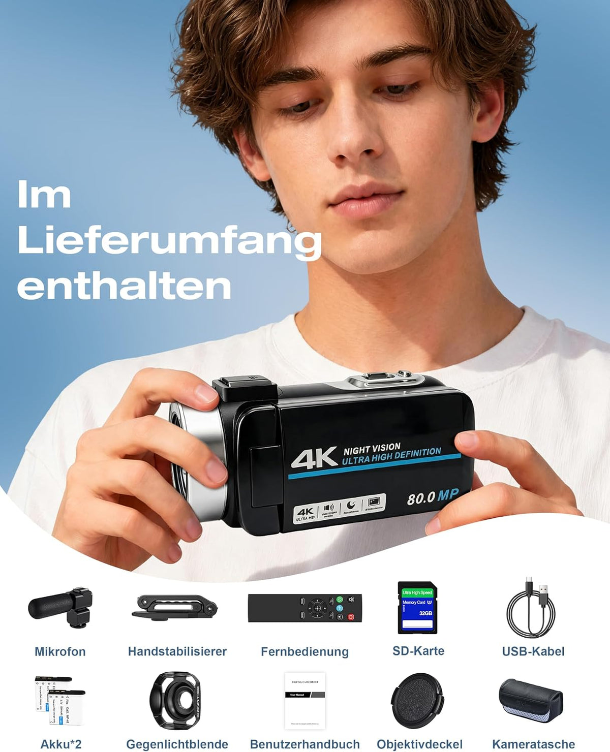 Videokamera 4K 80MP Camcorder IR Nachtsicht 18X Digitalzoom Vlogging Camera