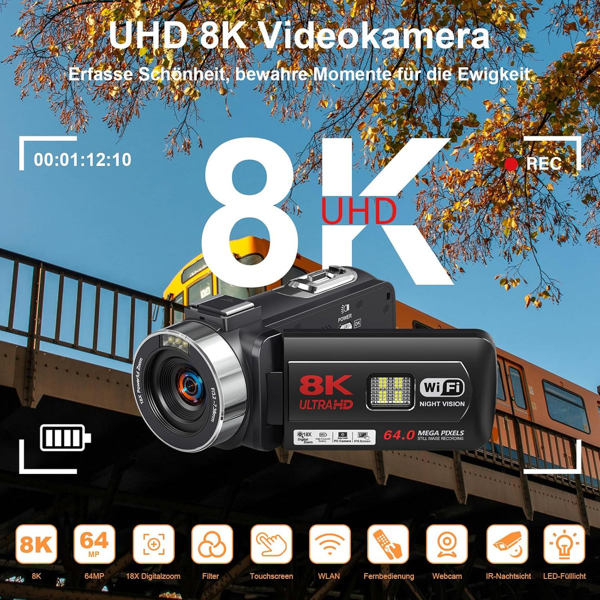 Video Camera Camcorder 8K 64MP WiFi 18X Digital Zoom Night Vision Vlog