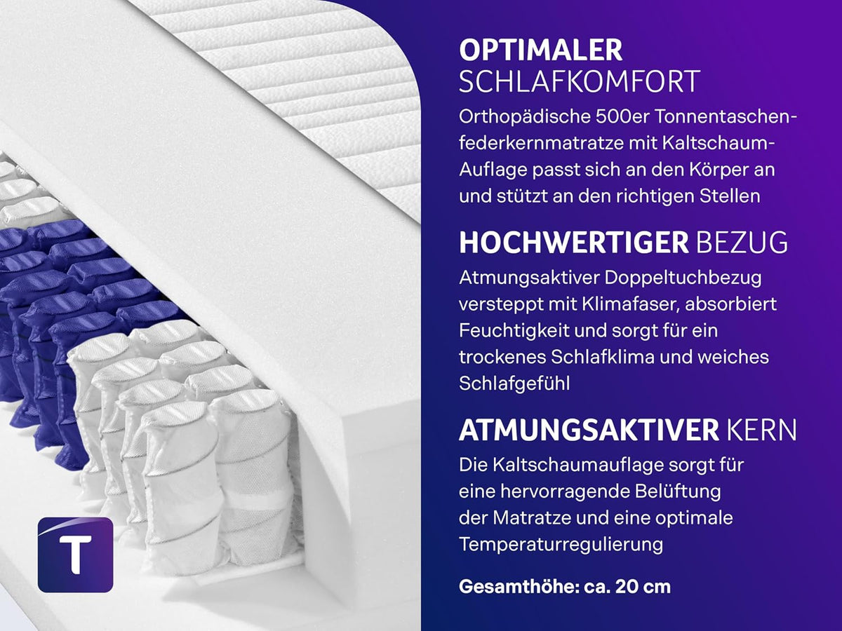 Traumnacht Premium 7-Zonen 500er Tonnentaschenfederkernmatratze, Härtegrad 4 (H4), 100 x 200 cm, Öko-Tex Zertifiziert, produziert nach deutschem Qualitätsstandard