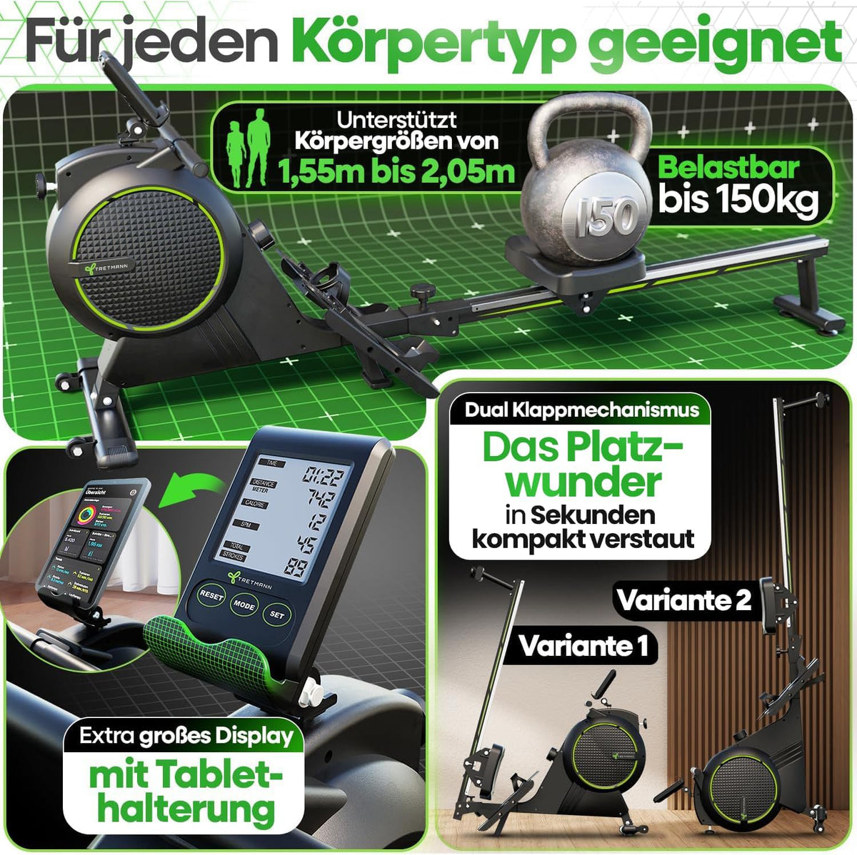 TRETMANN Rudergerät für Zuhause Set – extra leise [Wirbelstrombremse 2.0]