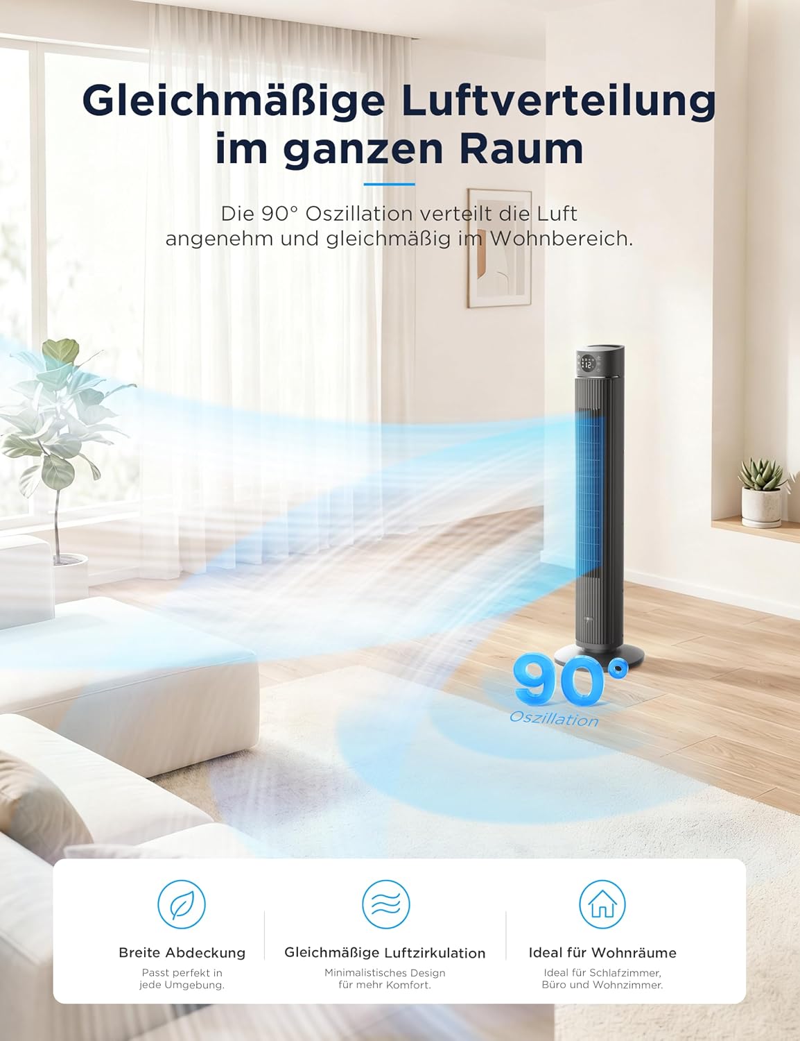 Midea FZ10-26ARDW Turmventilator, 2490 m³/h, 19 dB, DC-Motor, 12 Stufen, App, Schwarz