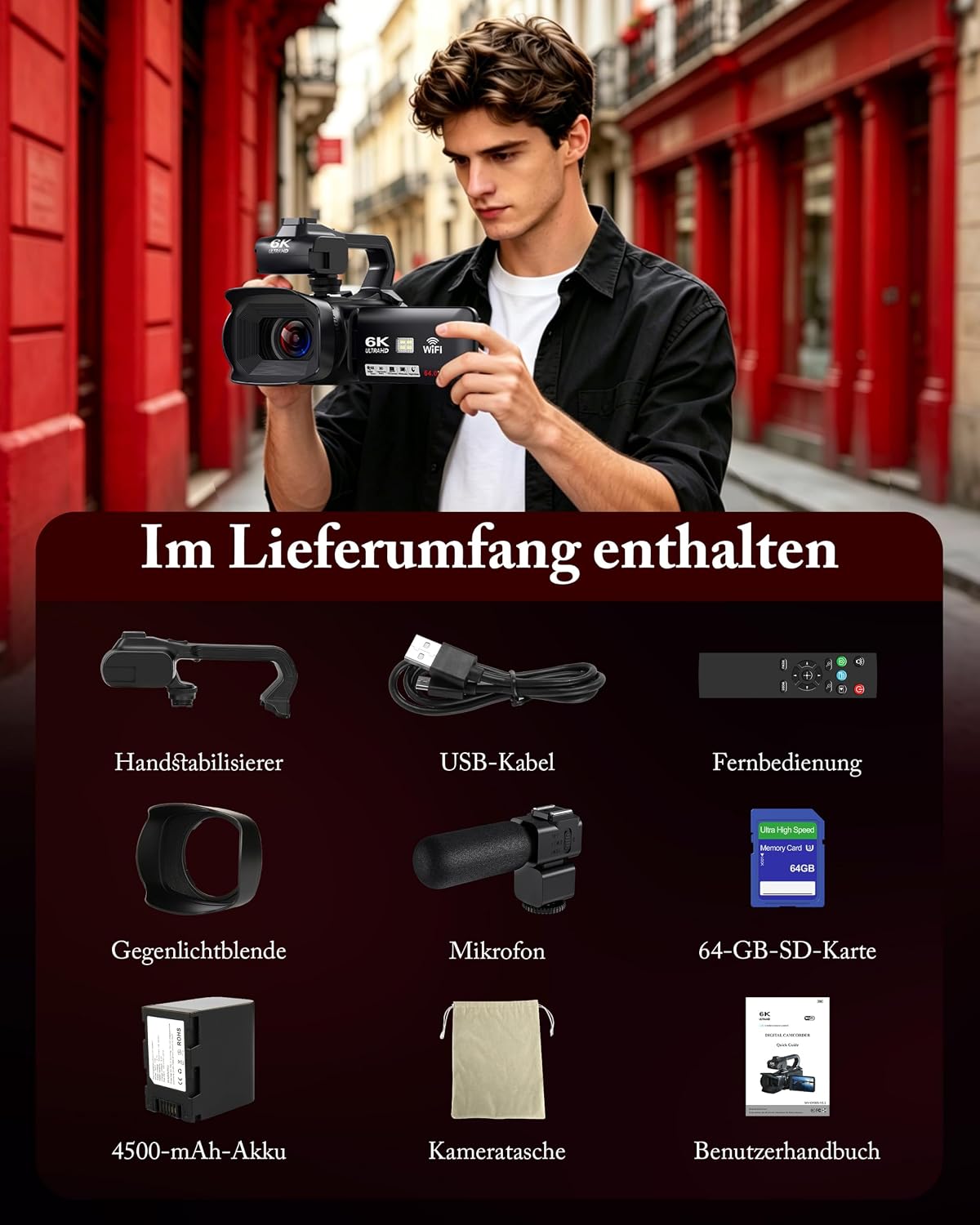 Videokamera Camcorder 6K 64MP WiFi mit IR Nachtsicht Webcam Vlogging Camera