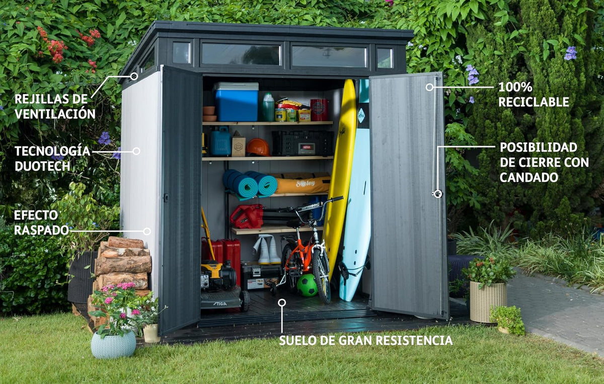 Keter Artisan 7x7 Gerätehaus – Wetterfestes Gartenhaus mit Boden, Pultdach, Doppeltüren & Fenster, Ideal für Outdoor-Aufbewahrung, 214x218x226cm, 8,3 m³, grau