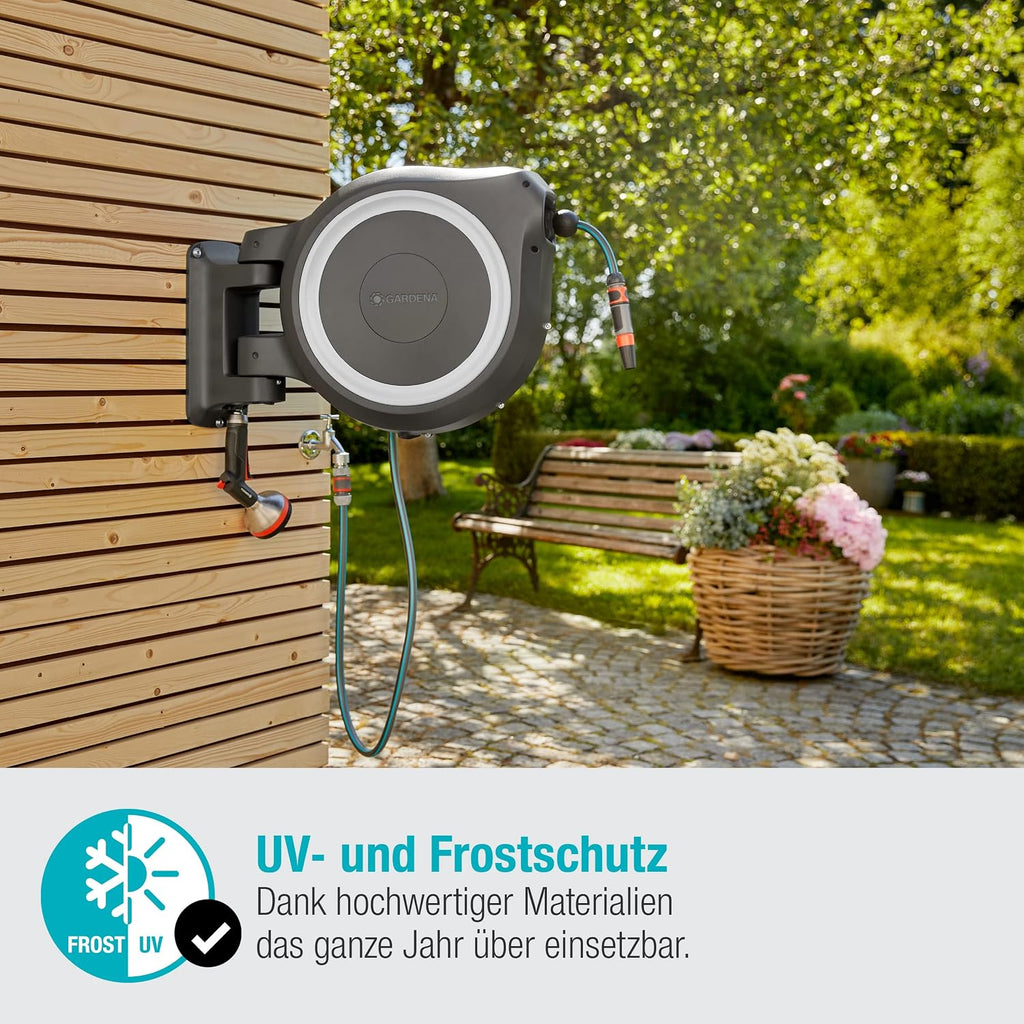 Gardena Wand-Schlauchbox RollUp XL 35 m Exklusiv für Amazon: flexible Bewässerung für große Gärten, Schwenkbare Schlauchbox, inkl. 35 m Qualitätsschlauch mit Brause & Reinigungsspritze (18632-60)