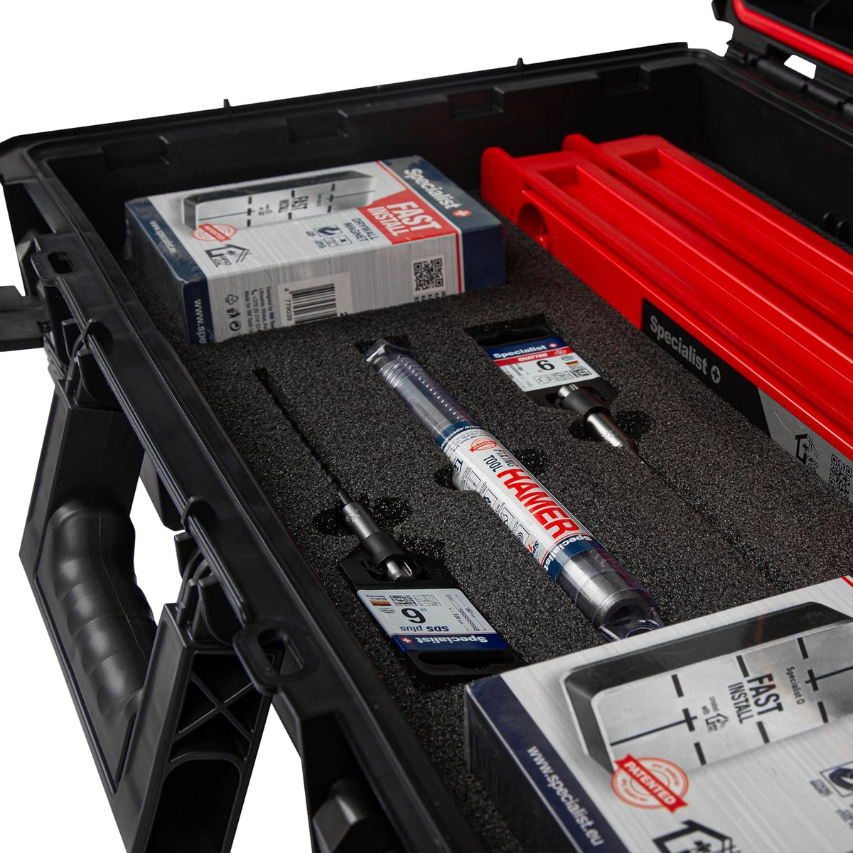 Specialist+ Trockenbau-Werkzeugset | x2 SPACER (50 cm), x2 FAST INSTALL-Gipsmagnete, x1 HAMMER-Steckertreiber, SDS+ & QUATTRO Bohrer | Schnelle Montage | Für Knauf D-112 geeignet