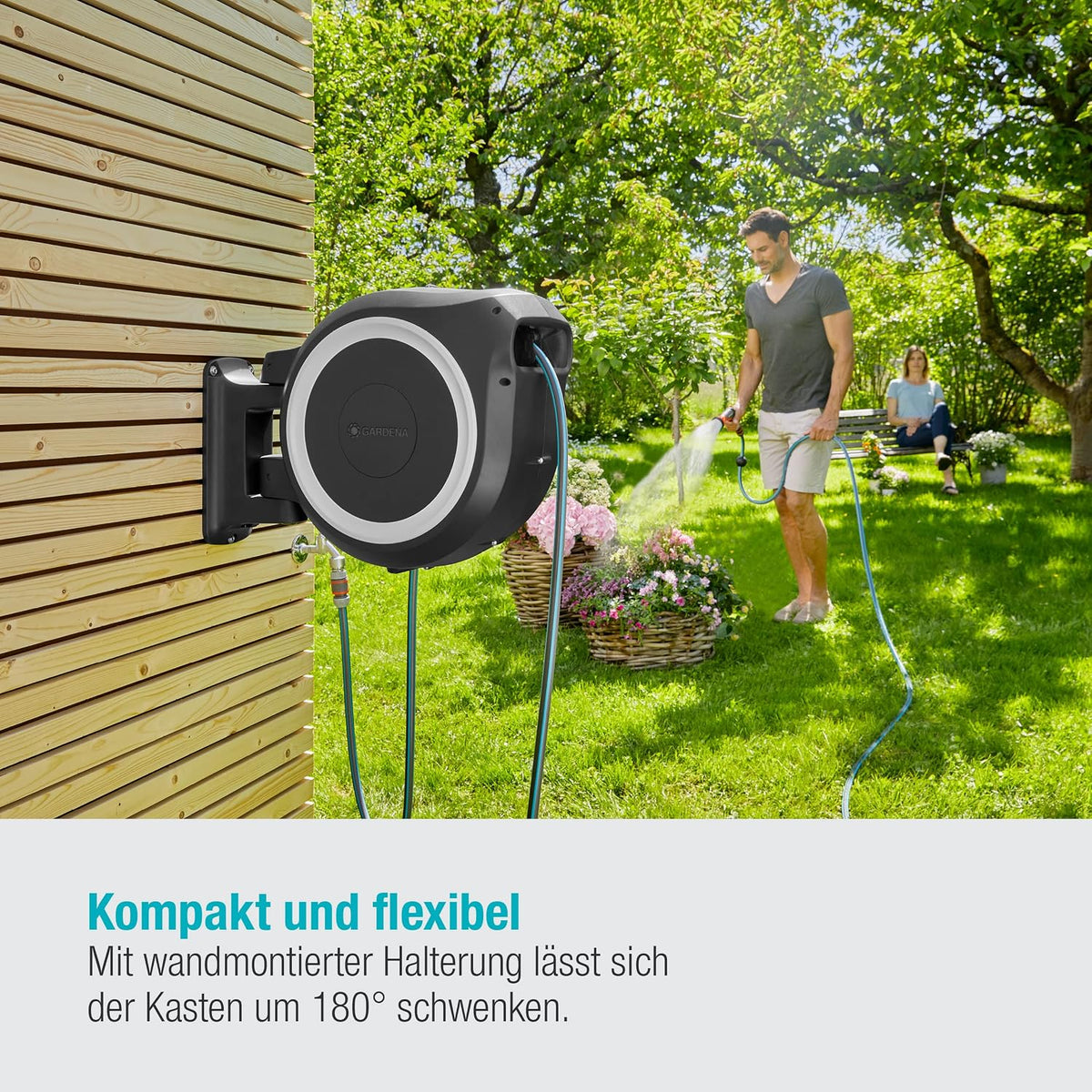 Gardena Wand-Schlauchbox RollUp XL 35 m Exklusiv für Amazon: flexible Bewässerung für große Gärten, Schwenkbare Schlauchbox, inkl. 35 m Qualitätsschlauch mit Brause & Reinigungsspritze (18632-60)