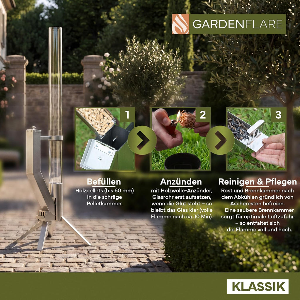 GARDENFLARE Classic Fire Pipe - Stainless Steel Pellet Torch for Garden