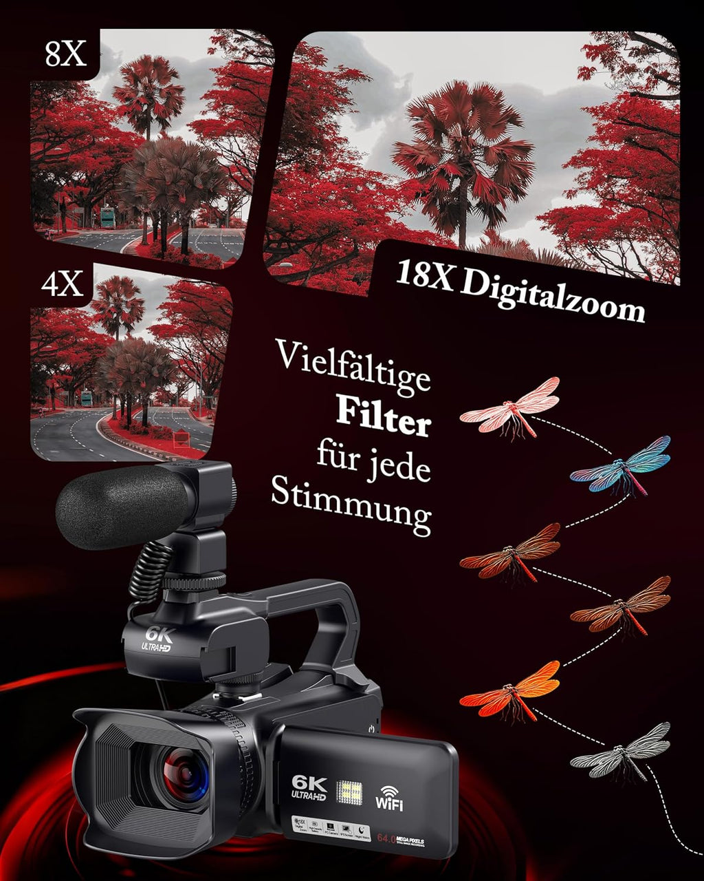 Videokamera Camcorder 6K 64MP WiFi mit IR Nachtsicht Webcam Vlogging Camera