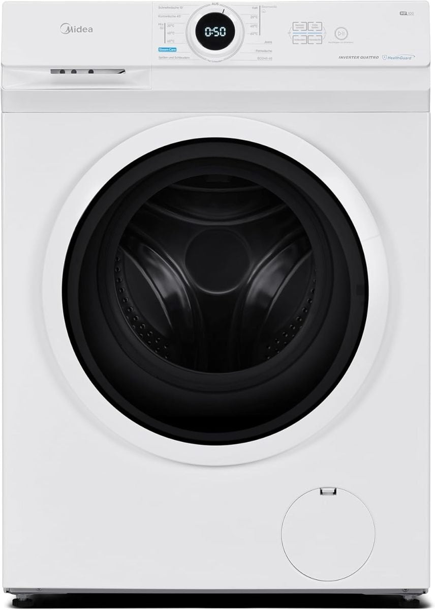 Midea MF10EW80B Waschmaschine / 8kg / 1400 U/Min/EEK A/Inverter Quattro Moto/Dampffunktion/Grosse Trommel/Slim Design/Nachlegefunktion/Kindersicherung/AquaStop, Weiß